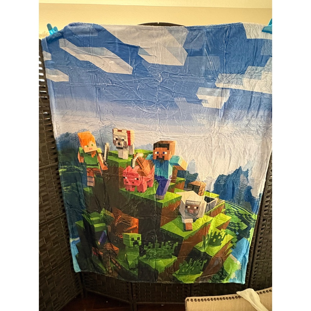 Minecraft Kids Fleece‎ Throw Blanket Steve Alex Creeper Pig Sheep Blue Multi
